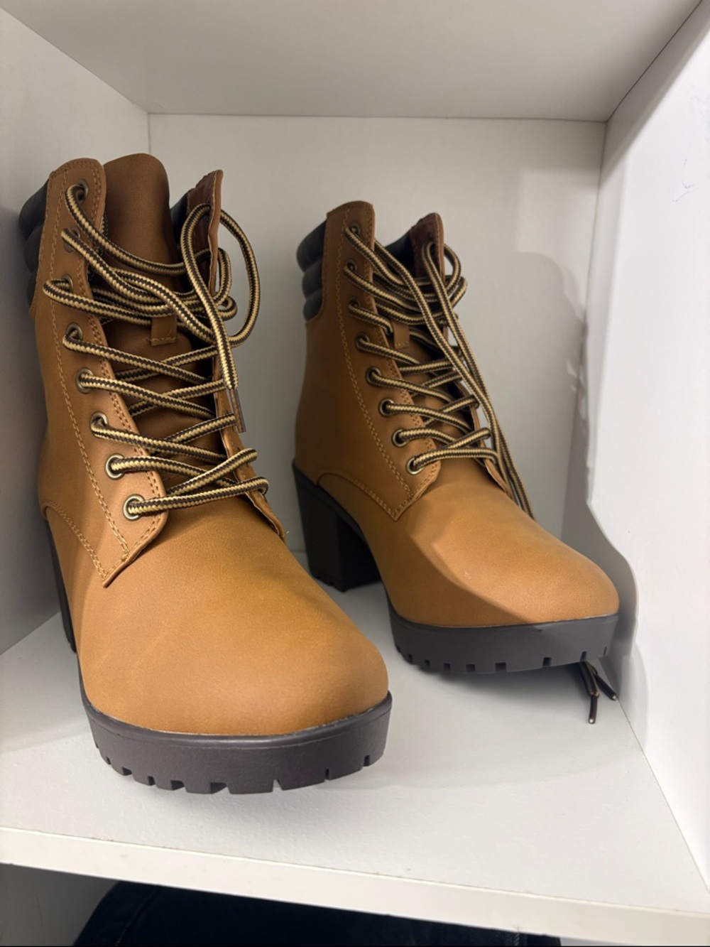 Forever Tan Lace-Up Chunky Heel Ankle Boots with Dark Brown Collar - Picture 2 of 8